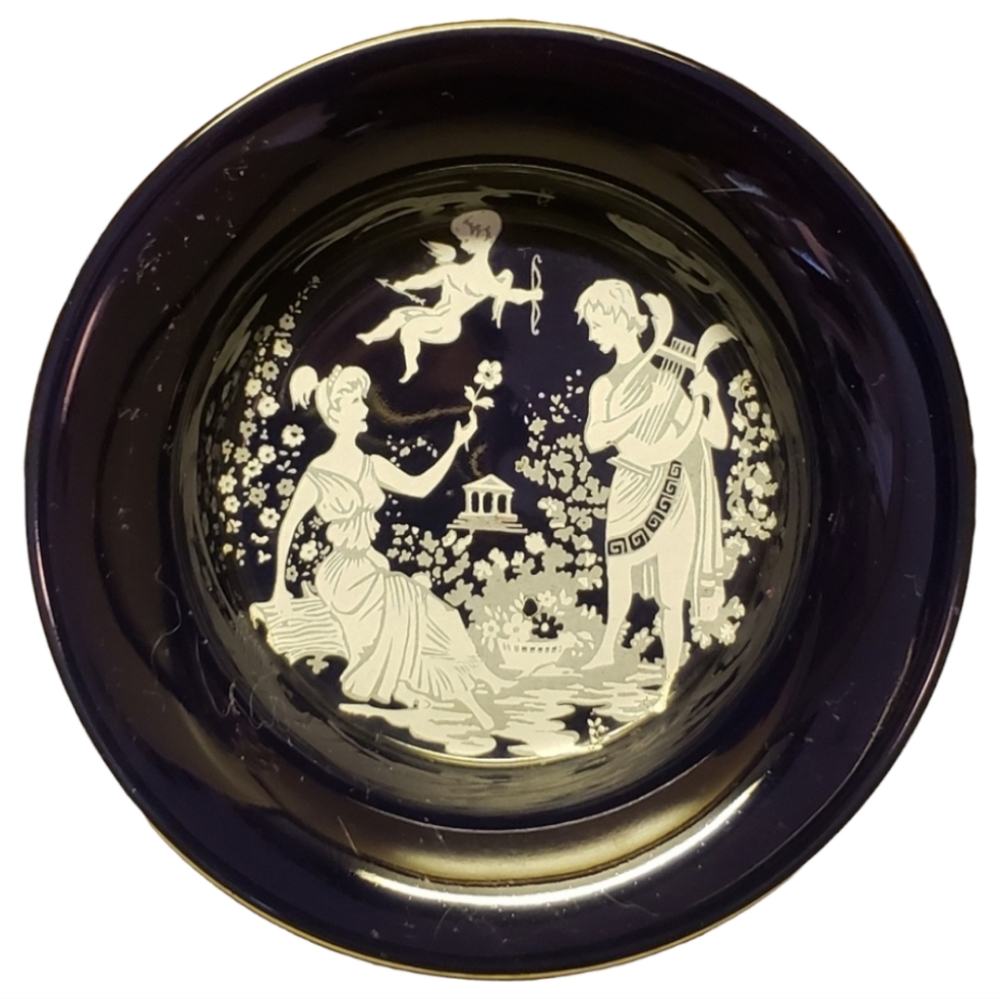 Vtg Italian Dessert Dish Florentine Gold Trim Cobalt Blue Cupid Valentine's Day